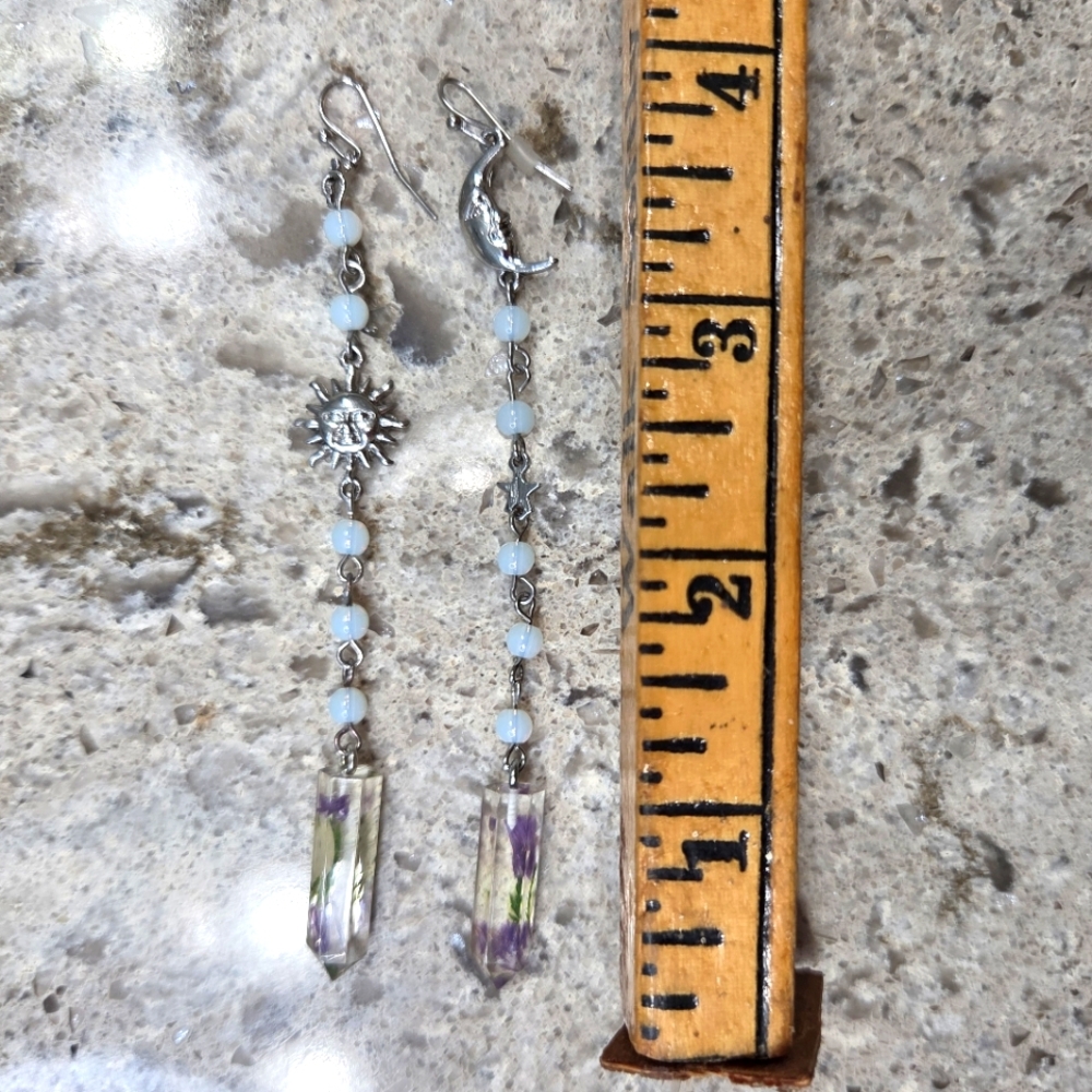 Silver and White Earrings with Delicate‎ Drop Design Boho Moon